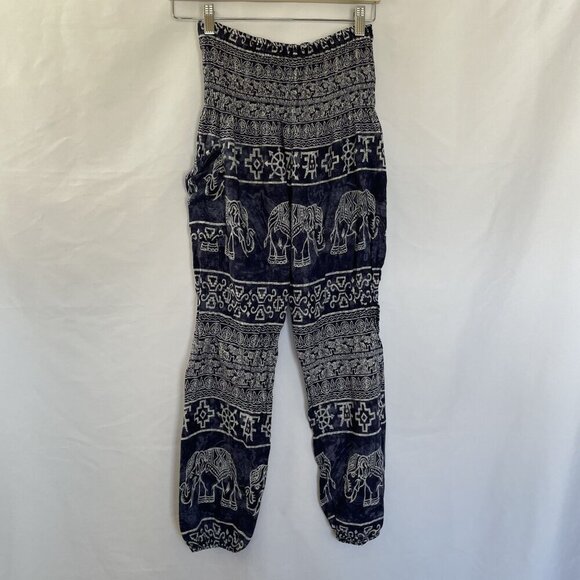 Bohemian Elephant Print Rayon Pants With Elastic Waist & Pockets Navy & White M - Picture 7 of 7